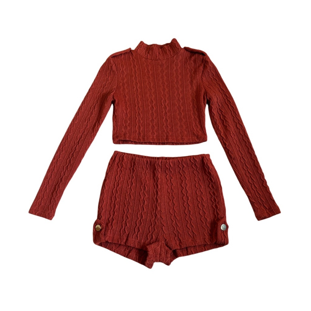 JLUXLABEL 2 Piece Knit Crop Long Sleeve Top and Shorts Stretch Size Medium